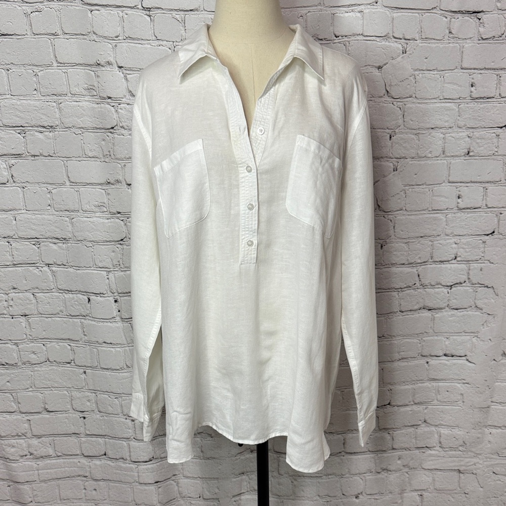 Talbots White Popover Linen Blend Tunic Blouse Size XL